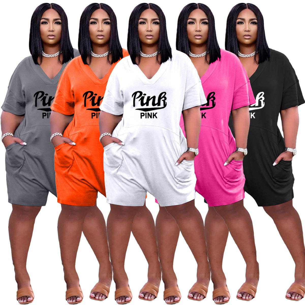 Flipside Creations FASHION POCKET STRAIGHT SHORT JUMPSUIT 8257R: PINK / L