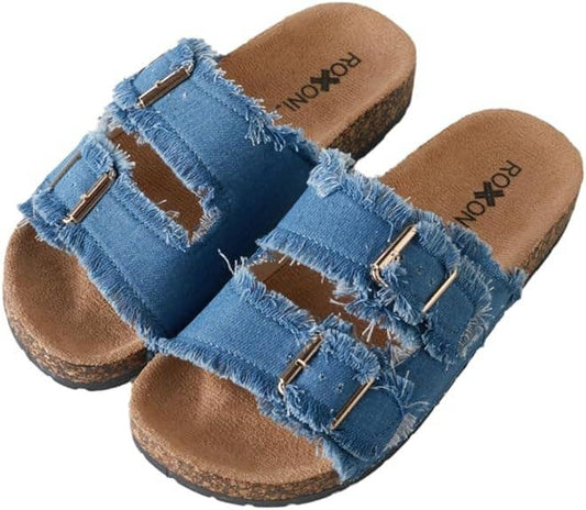 Women's Comfort Flat Sandals Double Buckle Adjustable Straps: Blue / 7